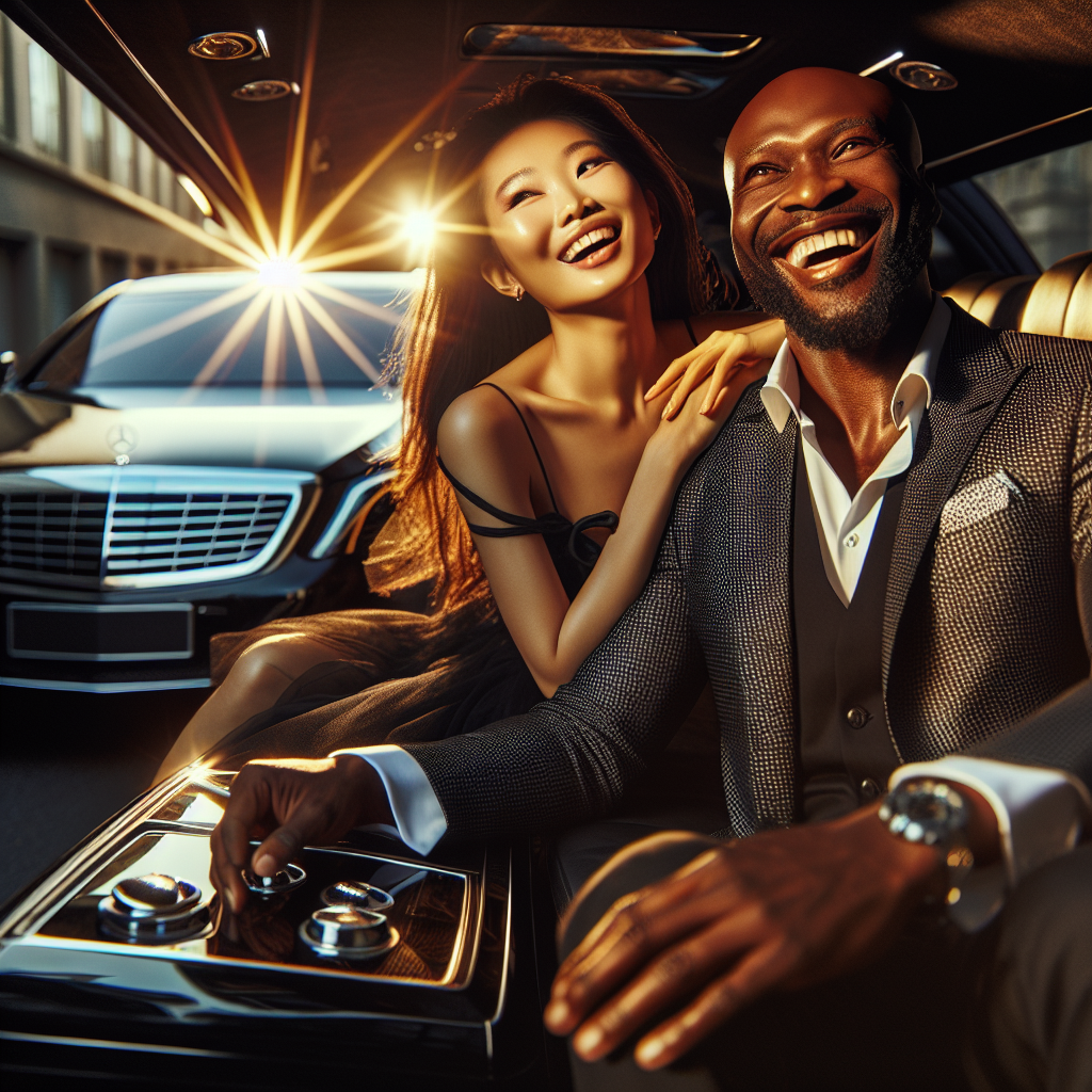 Couple smiling in a luxurious limo