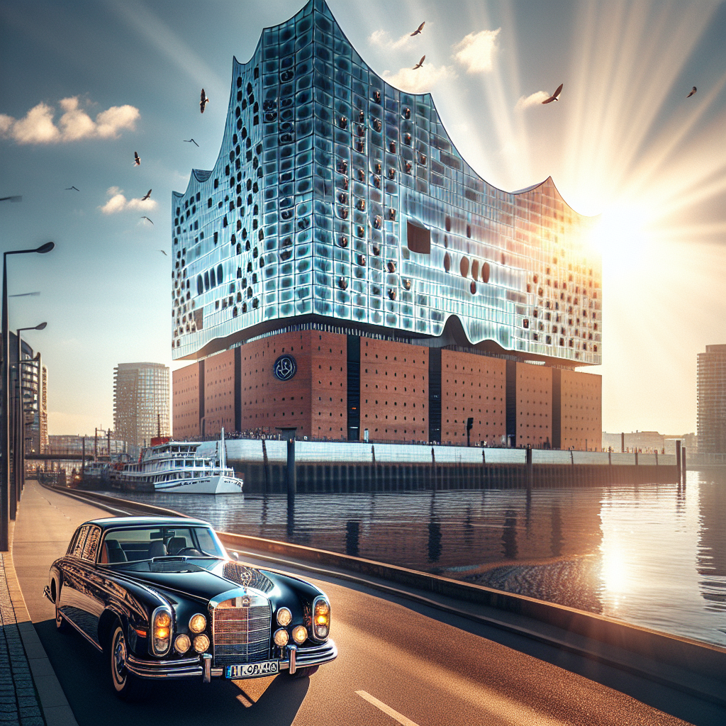 Elbphilharmonie building with its glass structure reflecting the harbor and city