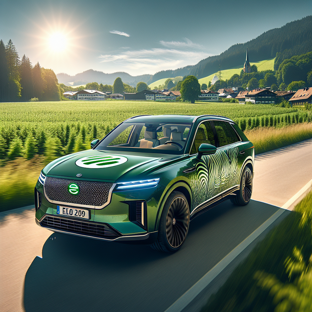 Green luxury SUV with an eco-friendly logo, driving through a scenic area in Munich