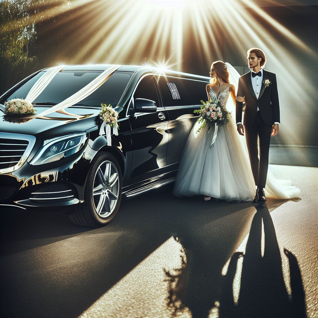 Happy couple entering a limousine decorated with wedding flowers