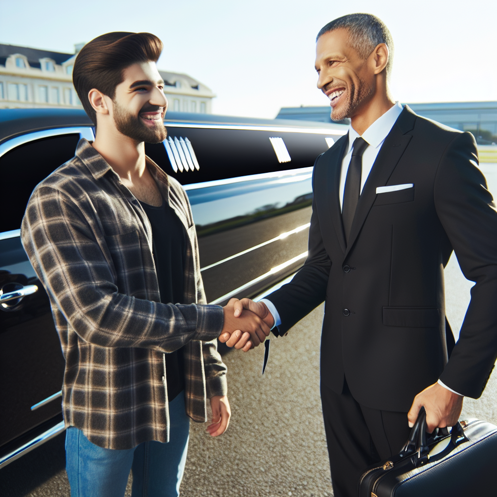 Happy customer shaking hands with a Samuelz® driver, with a sleek limousine in the background.