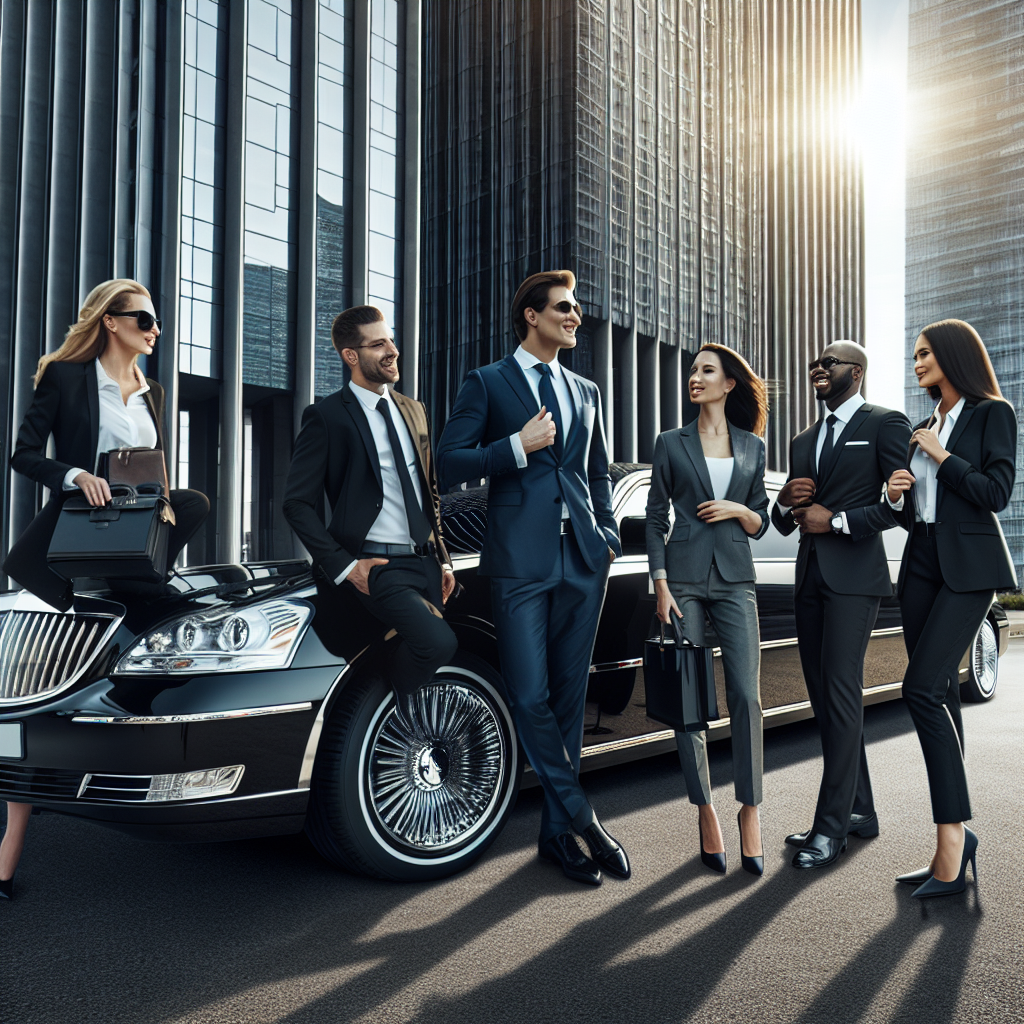 Image of a luxurious limousine with a group of business professionals