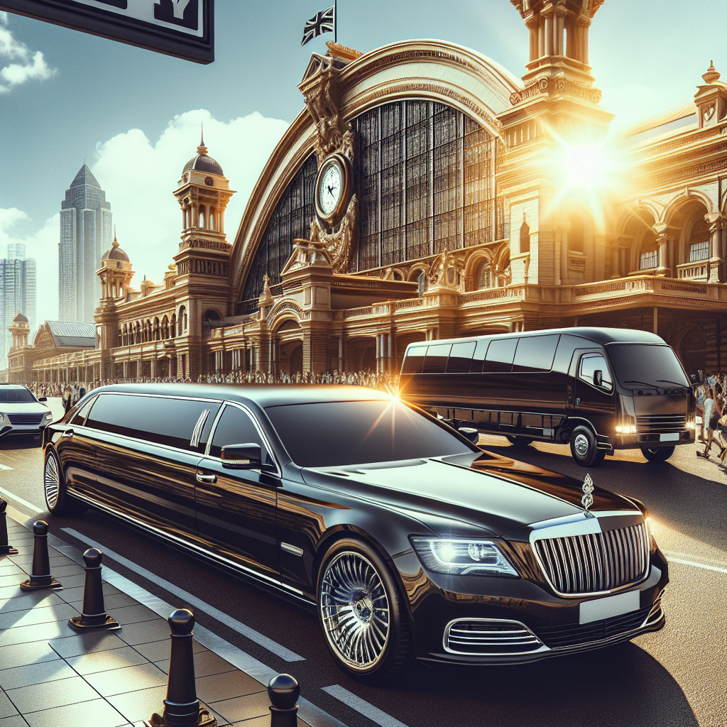 Image of a luxury limousine in front of a train station
