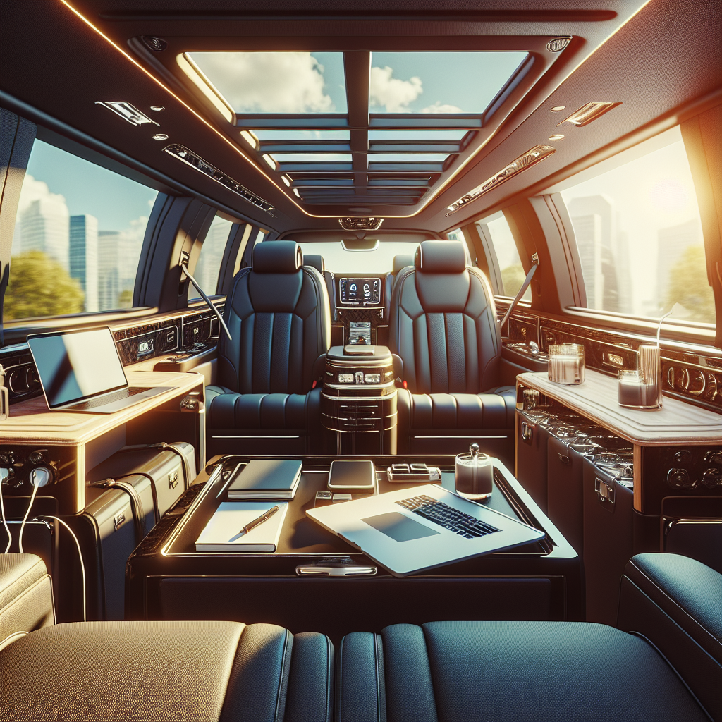 Interior of a luxury limousine featuring spacious seating and business amenities like a laptop, charger and privacy windows.