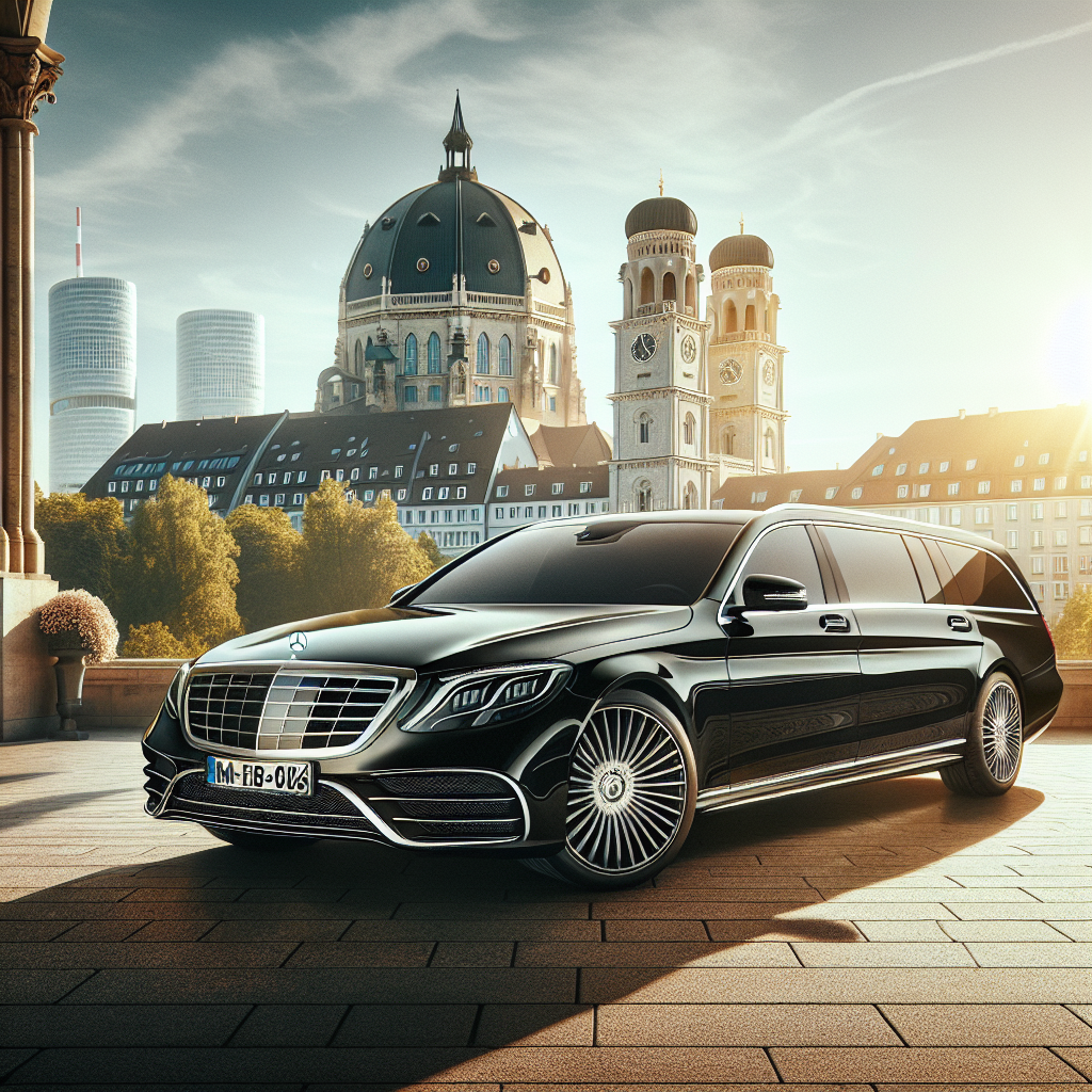 Luxurious Limousine with Munich cityscape in the background.