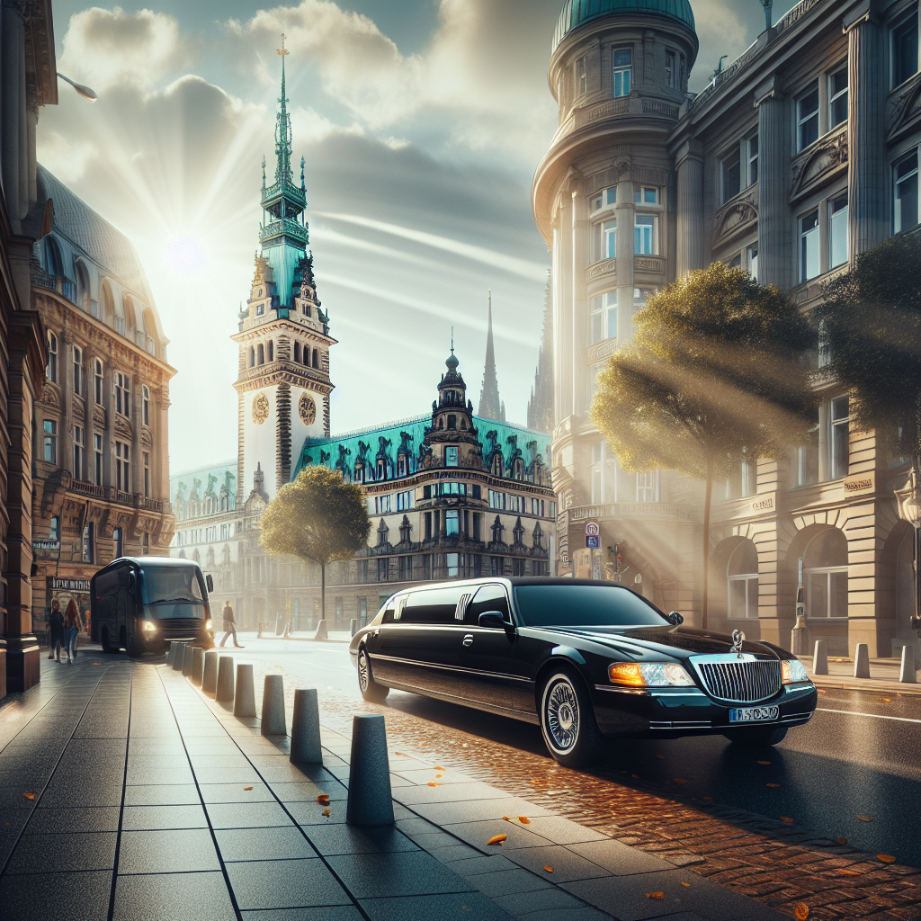 Luxurious Samuelz® limousine parked with Hamburg's landmarks in the background