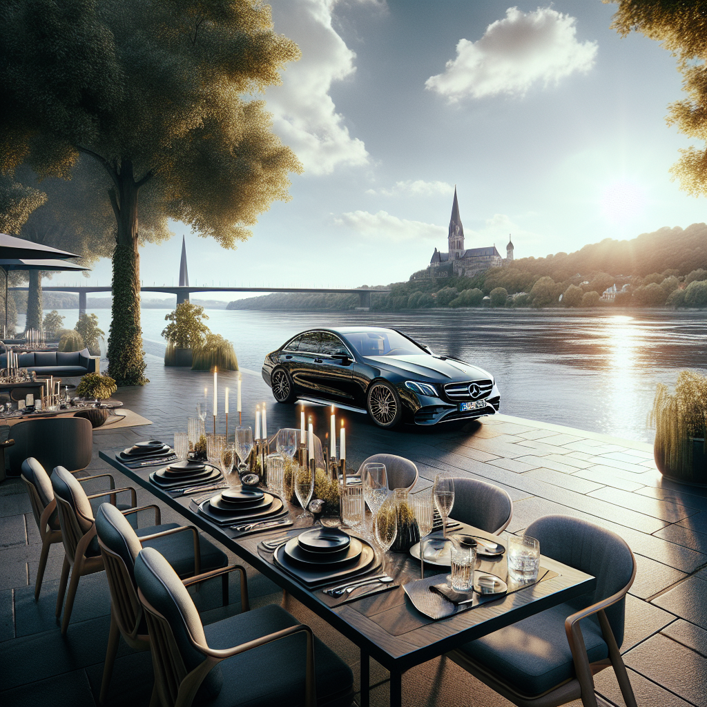 Modern dining experience at a riverside restaurant with views of the Rhine