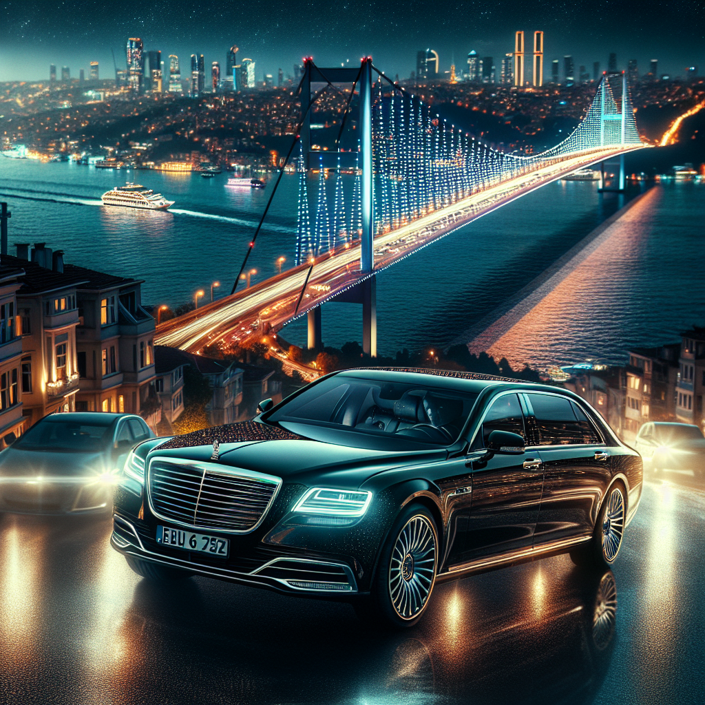Night view of Istanbul with the Bosphorus Bridge lit up, and a sleek limousine driving through the illuminated streets