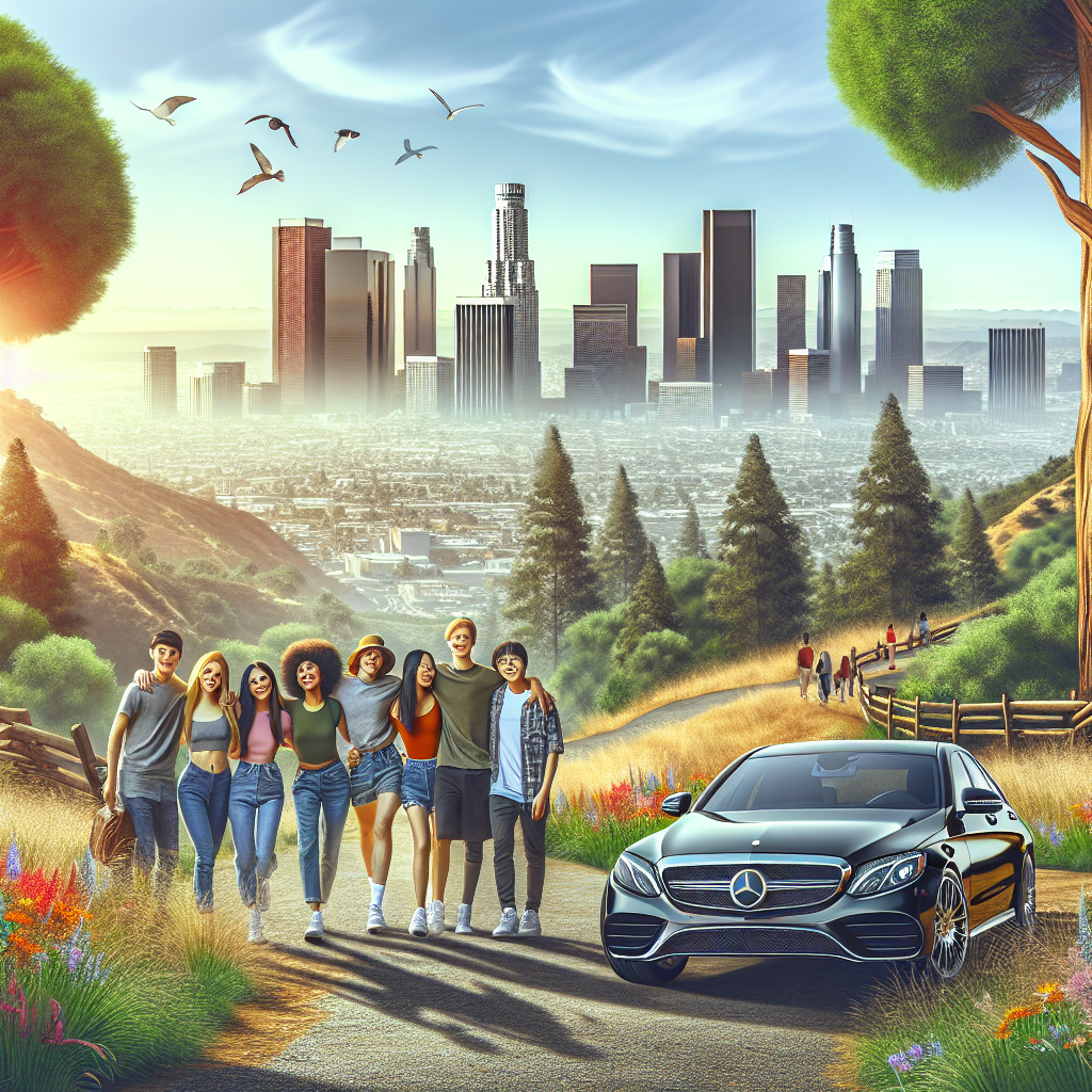 People hiking on a trail with a scenic view of the LA skyline
