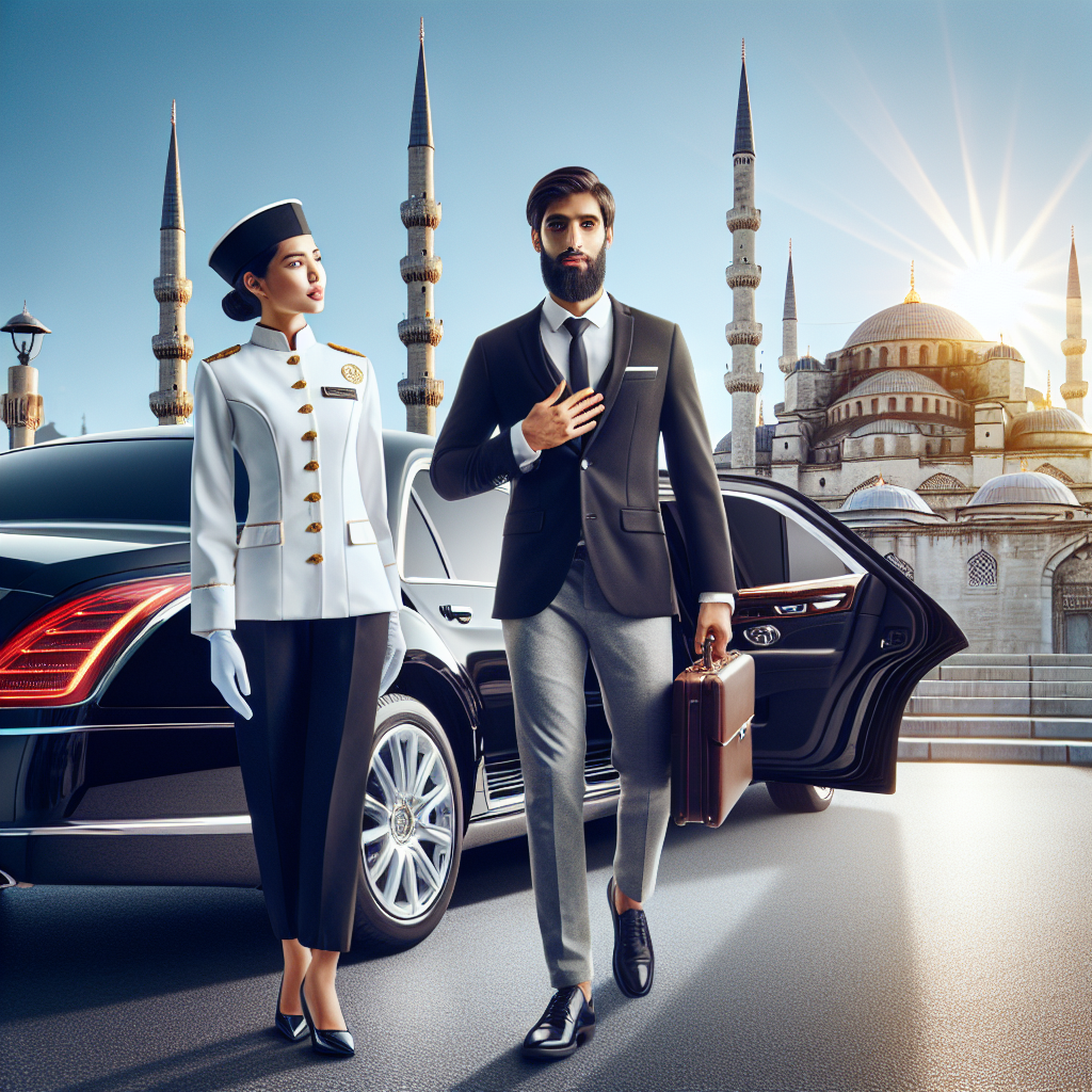 Professional chauffeur assisting a well-dressed business executive into a luxurious limo, set against the backdrop of Istanbul's skyline