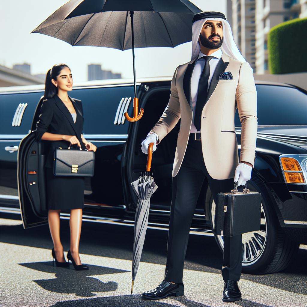 Professional chauffeur holding an umbrella for a business executive as they step out of a limousine, symbolizing top-notch customer service.
