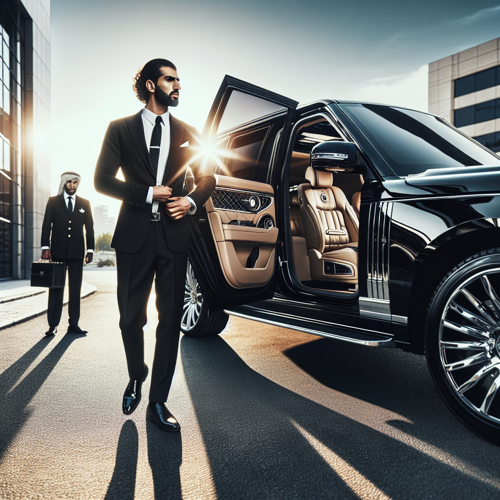 Professional chauffeur opening door of a luxury SUV