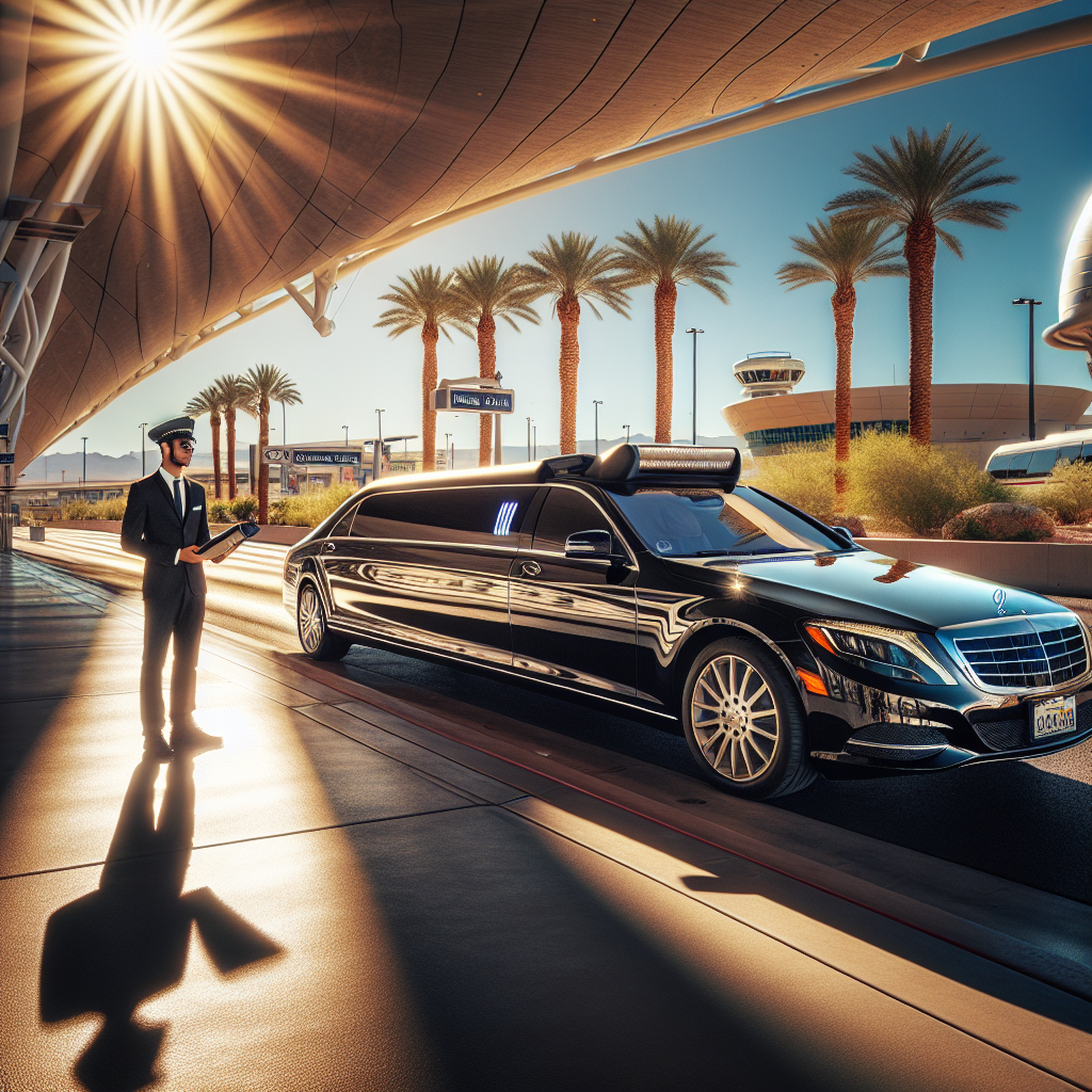 Samuelz® luxury limousine at a Las Vegas train station with punctual chauffeur ready to assist