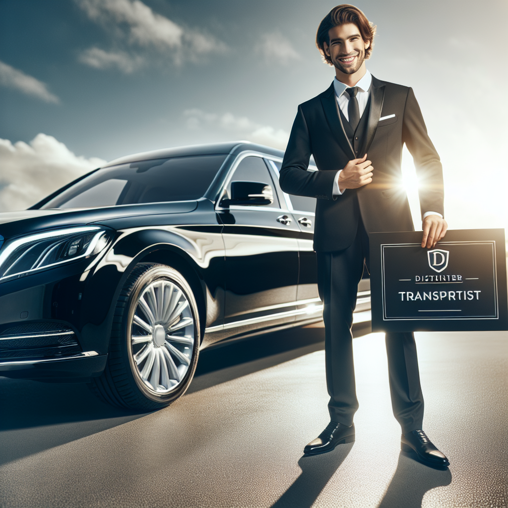 Smiling chauffeur holding a sign with the Samuelz® logo, standing next to a sleek, black limousine