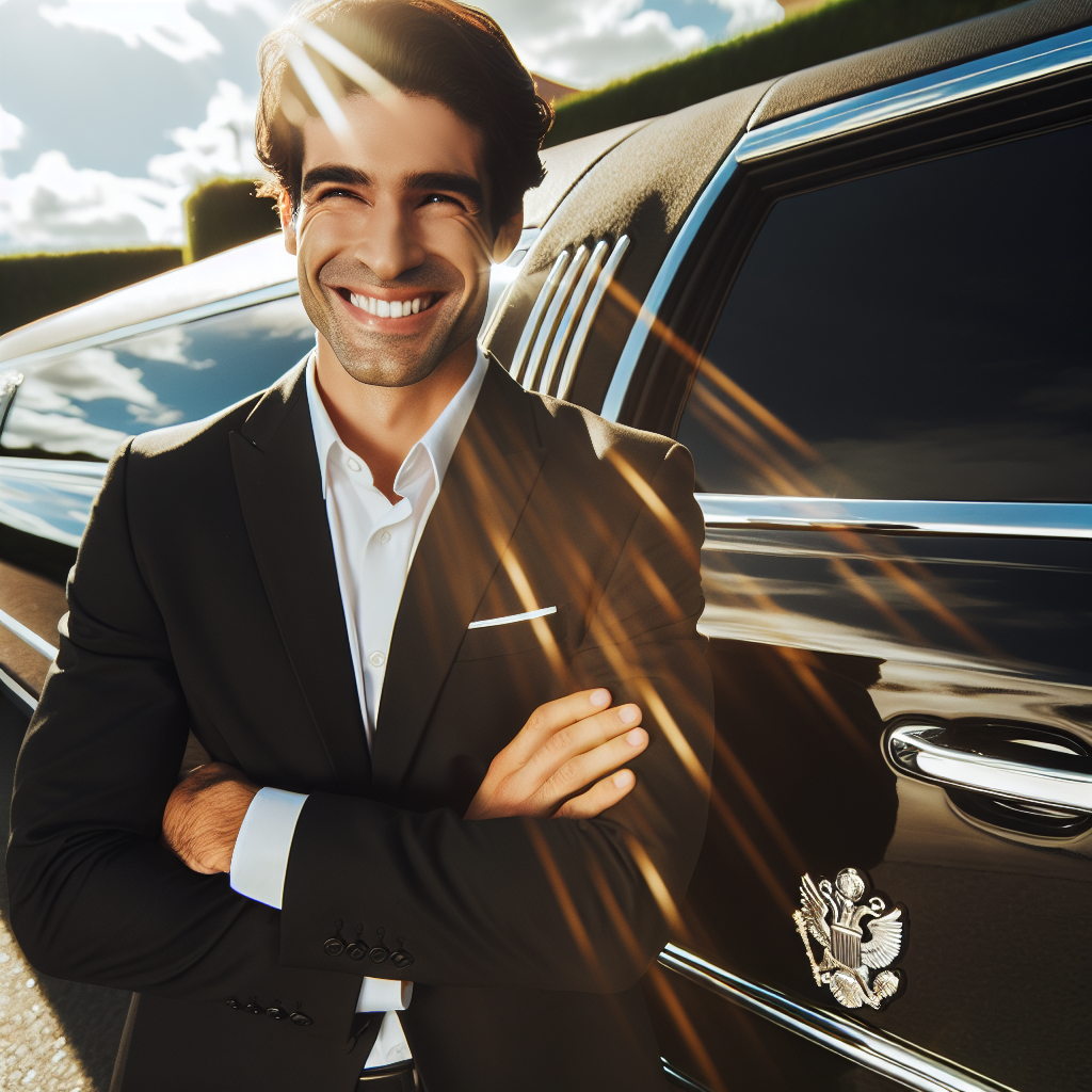 Smiling chauffeur standing next to a luxury limousine
