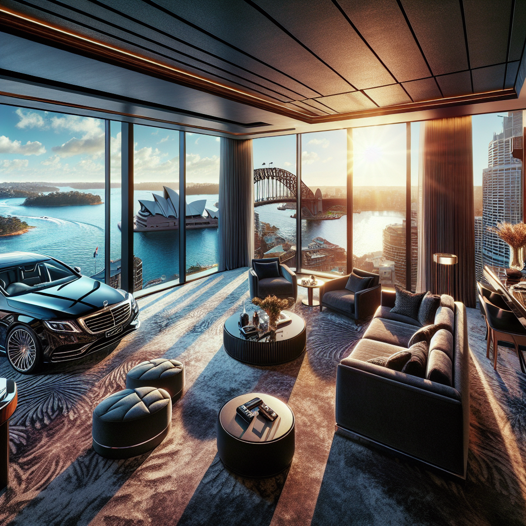 The Luxurious interior of a hotel suite with a view of the Sydney Harbour.