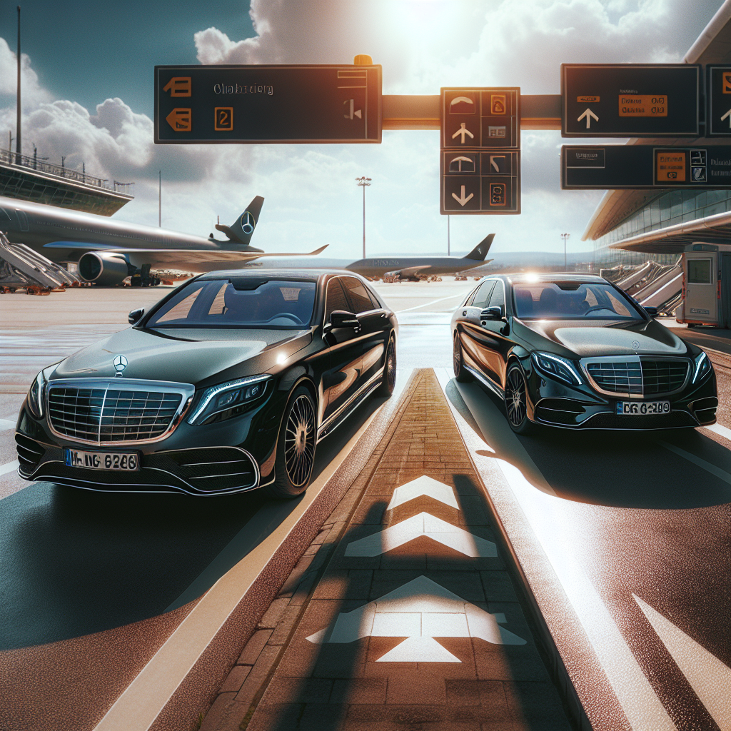 Two luxury cars parked at an airport taxiway with airplanes in the background