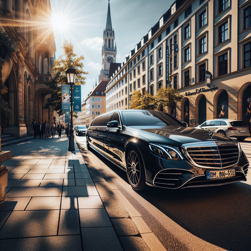 Luxury black Mercedes limousine parked on a city street with historic buildings in the background