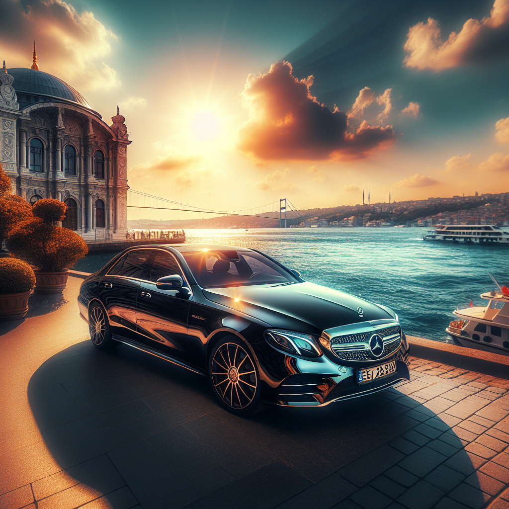 Luxury car parked by a riverside at sunset with a historical building and bridge in the background