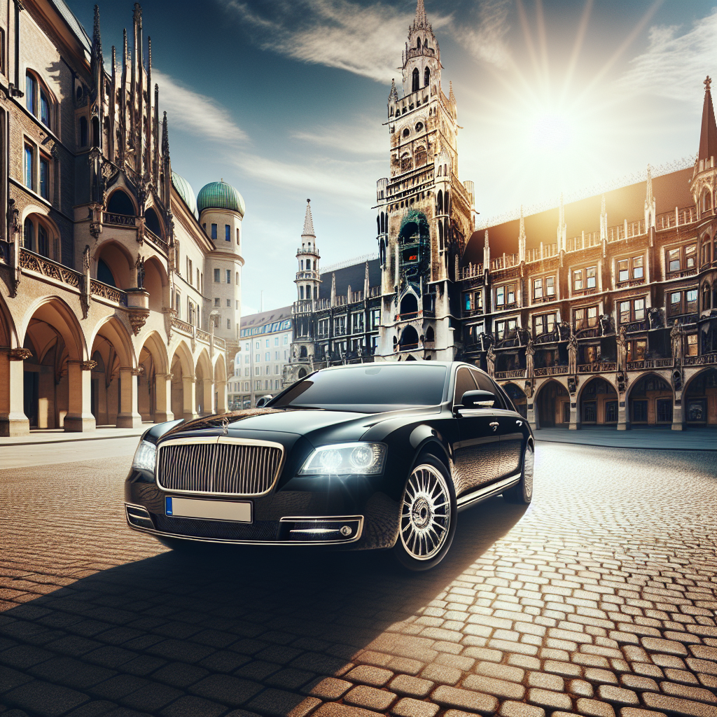 Luxury car parked in front of an ornate historical building with sunlight in the background