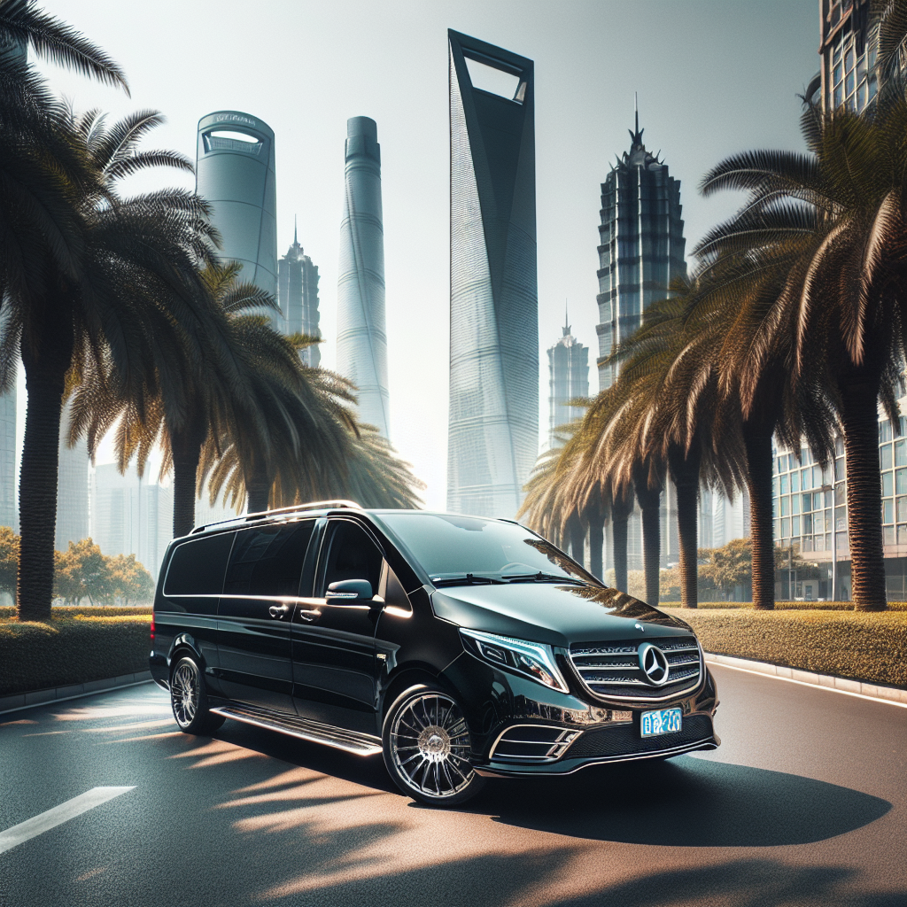Luxury black van on a city street with modern skyscrapers and palm trees