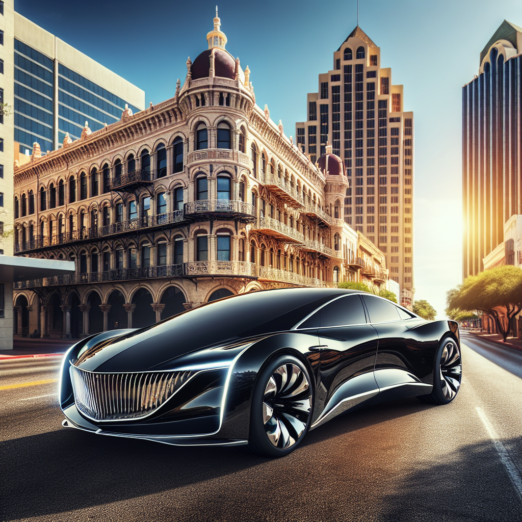 Futuristic concept car driving through a city with historic and modern buildings