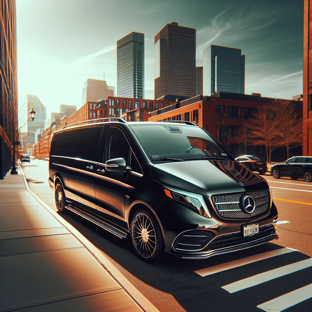 Luxurious black Mercedes-Benz van in an urban cityscape