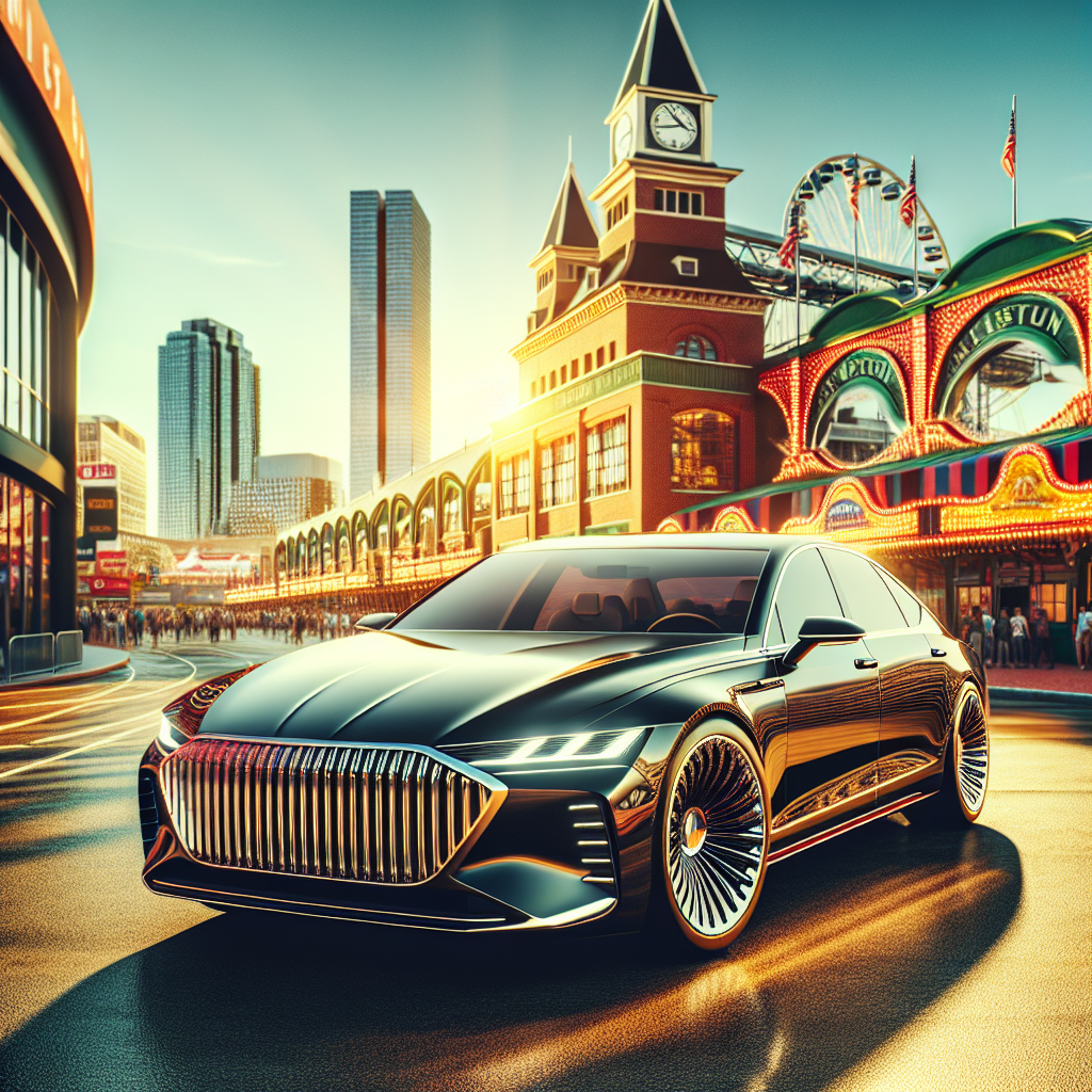 Sleek luxury car in a vibrant cityscape with buildings and a ferris wheel in the background
