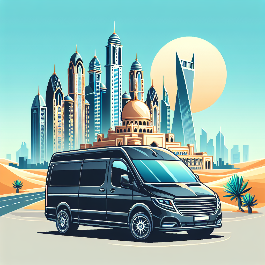 Luxury van on a desert road with a futuristic cityscape in the background