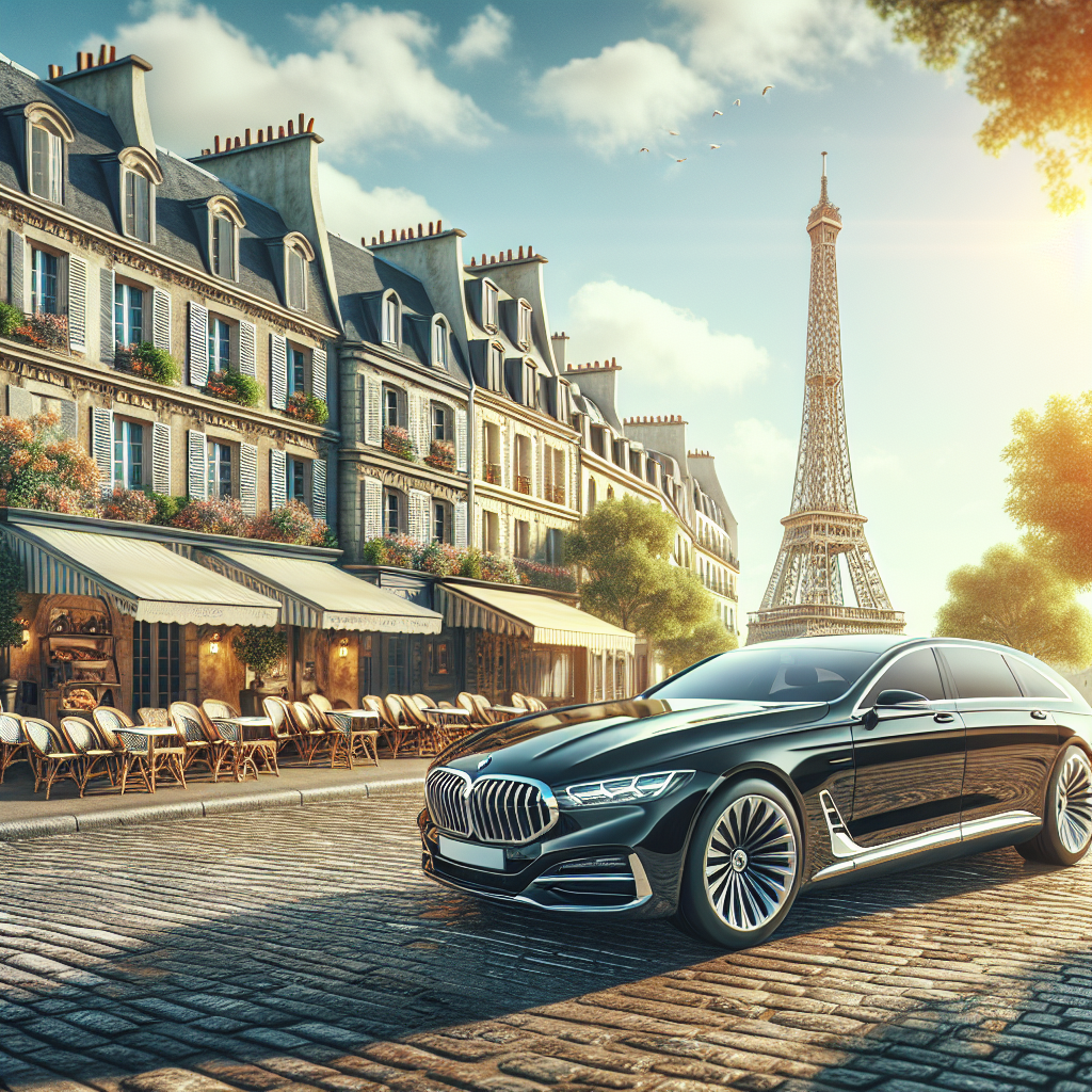 Luxury car parked on a Parisian street with the Eiffel Tower in the background