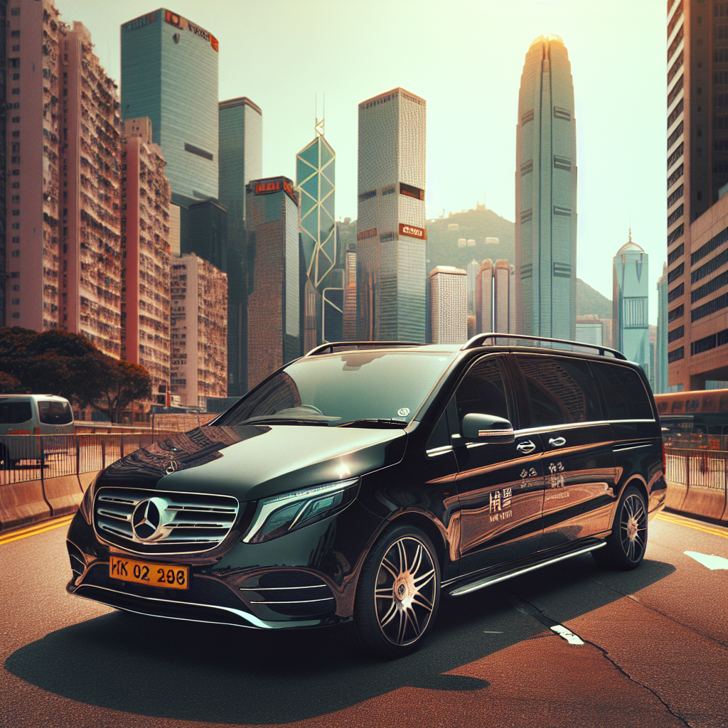 Black Mercedes-Benz van in a city with tall buildings