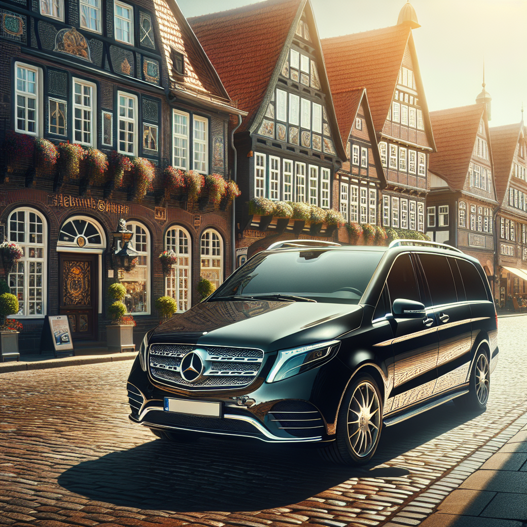 Mercedes-Benz van parked on a cobblestone street lined with traditional European buildings