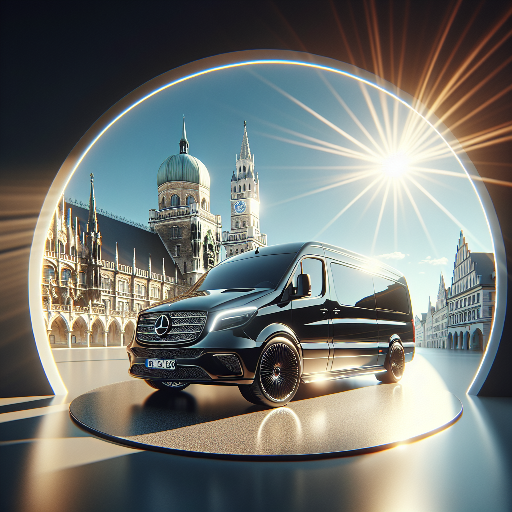 Black Mercedes-Benz van in front of European architecture with a bright sunburst