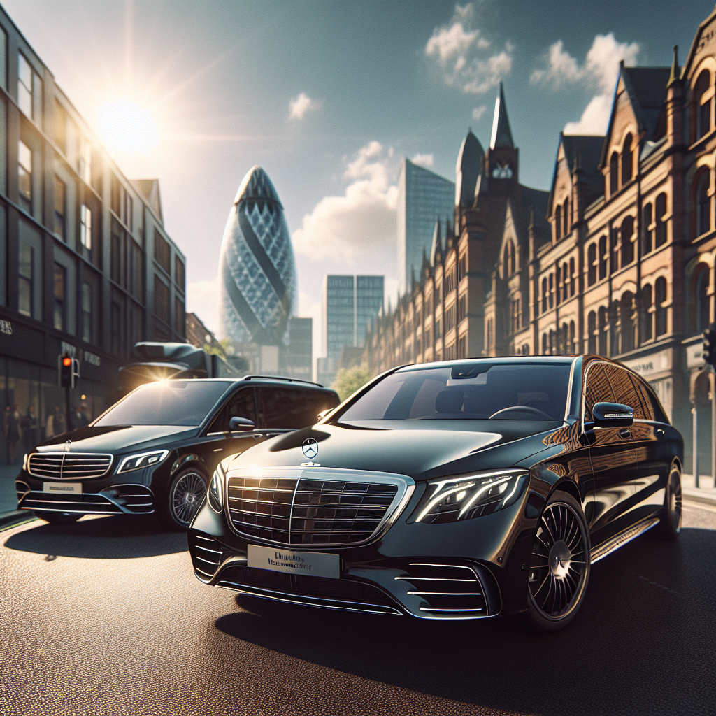 Luxury cars in an urban setting with iconic buildings in the background