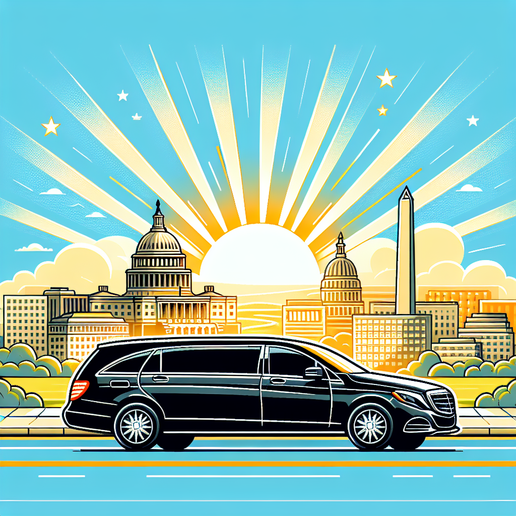 Illustration of a black limousine with the US Capitol and Washington Monument in the background during sunrise