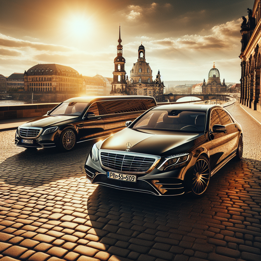 Luxury car on a cobblestone street with a sunset and historic buildings in the background