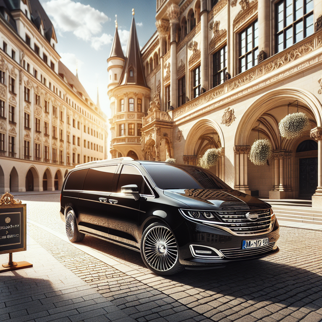 Luxury black minivan parked in front of a grand building