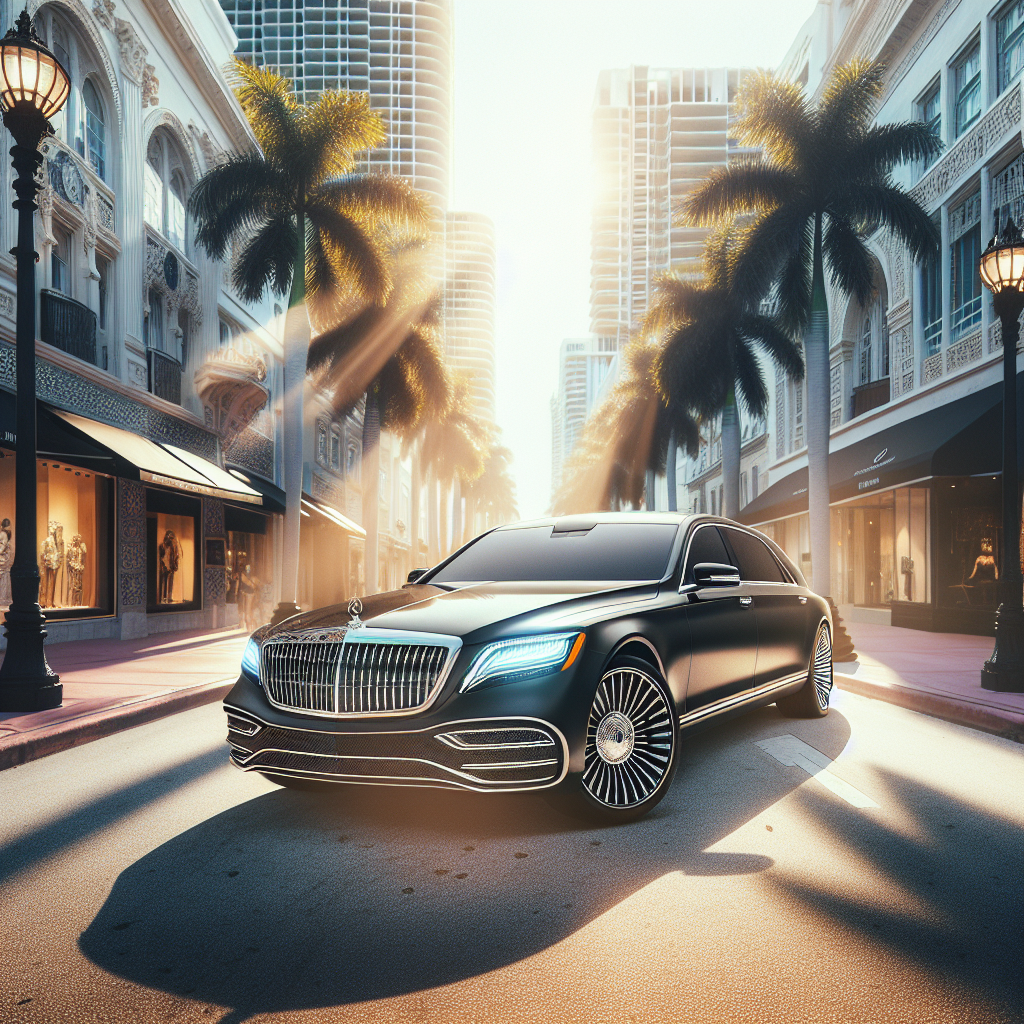 Luxury black car parked on a sunlit street lined with palm trees and elegant buildings.