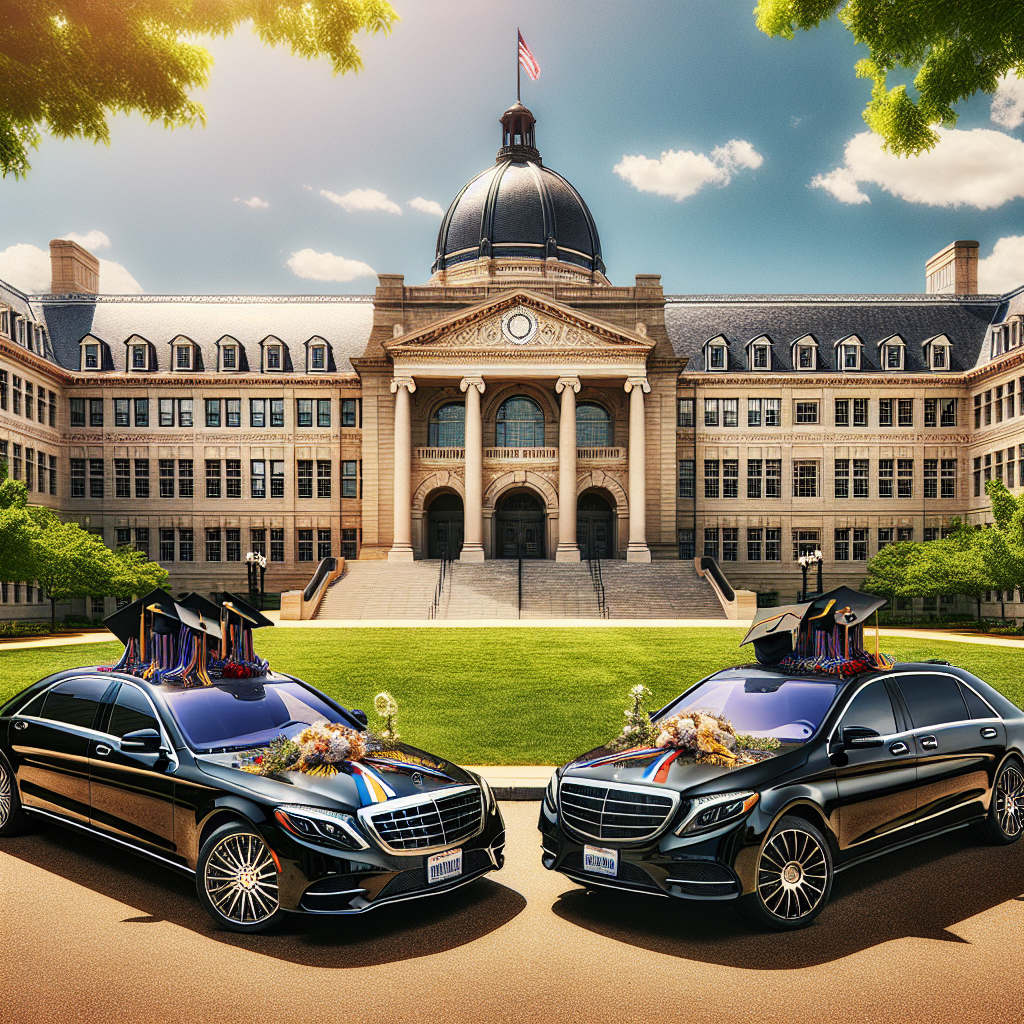 Luxury cars decorated with graduation caps and flowers in front of a grand building