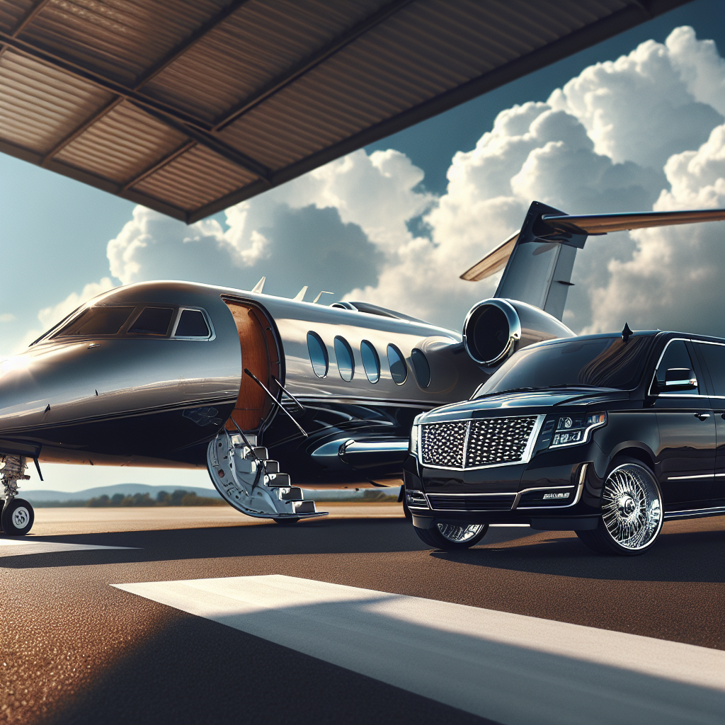 Private jet and luxury SUV on a runway