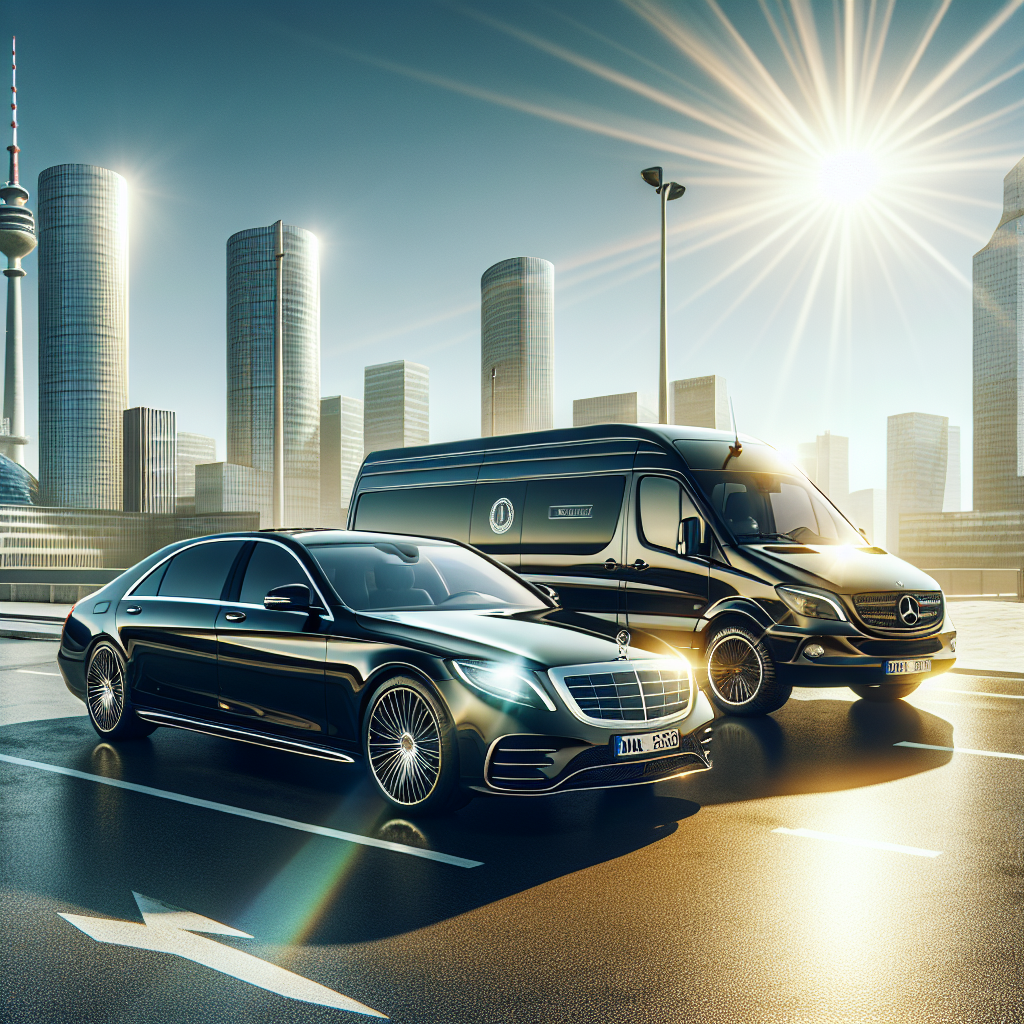 Luxury black sedan and van with a modern city skyline in the background