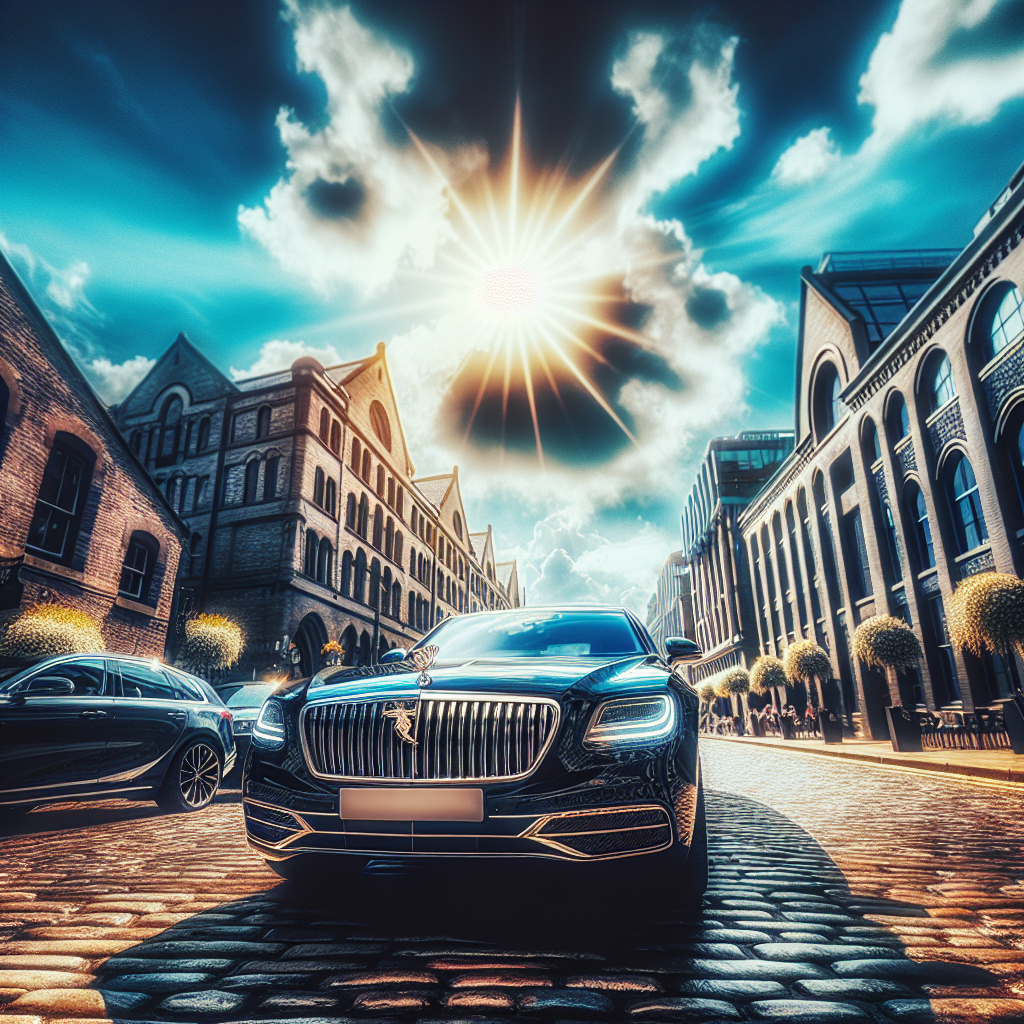 Luxurious car parked on a cobblestone street with ornate buildings under a bright sun