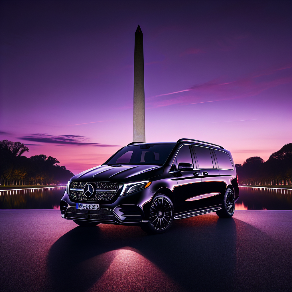 A concluding serene image of a luxurious limousine by the Washington Monument at twilight, signifying a peaceful and excellent service experience