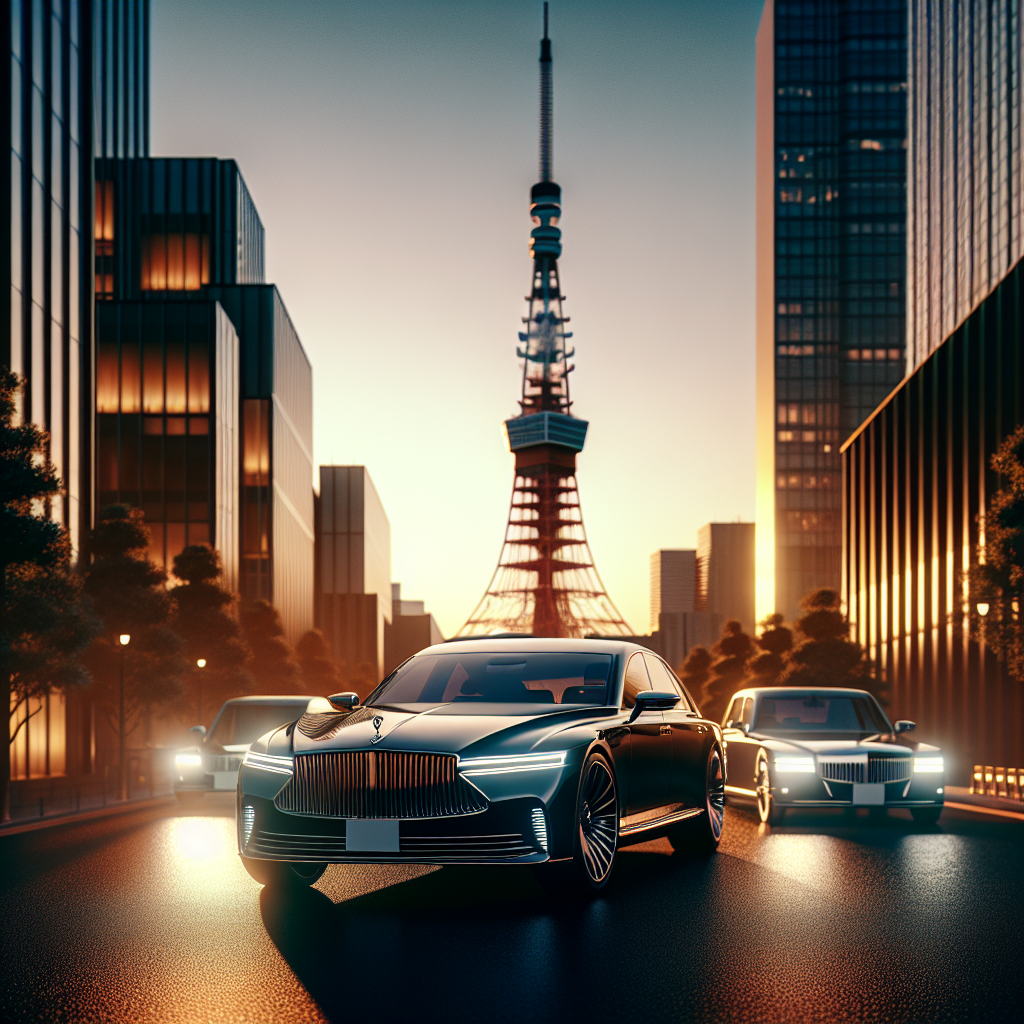 A luxurious limousine against the backdrop of Tokyo Tower at dusk