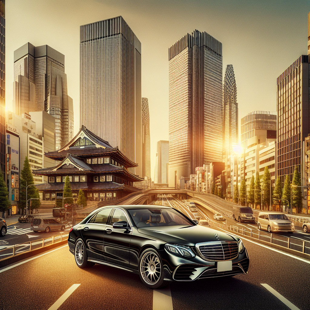 A sleek, black limousine driving through Tokyo's bustling city streets, capturing both modern skyscrapers and historic landmarks