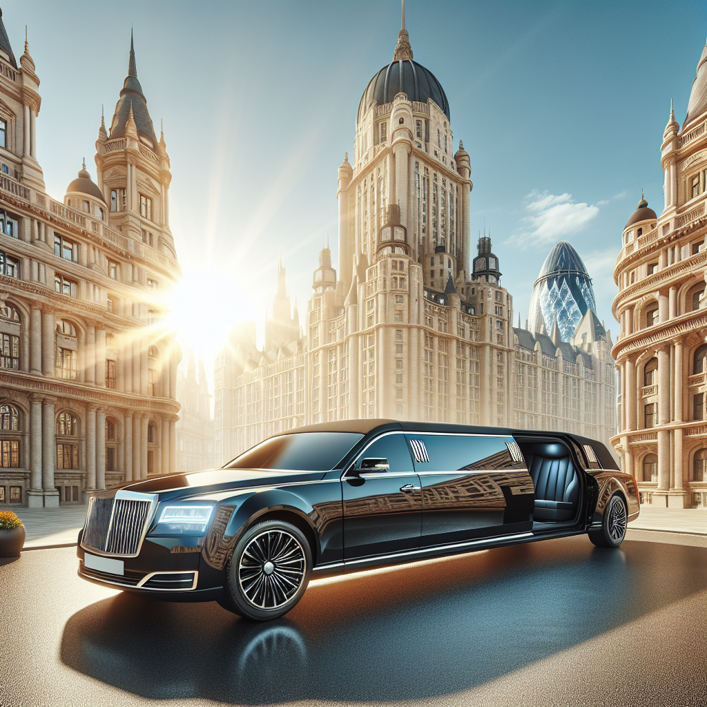 A sleek black limousine with high-tech interior features, set against a backdrop of Washington’s iconic buildings