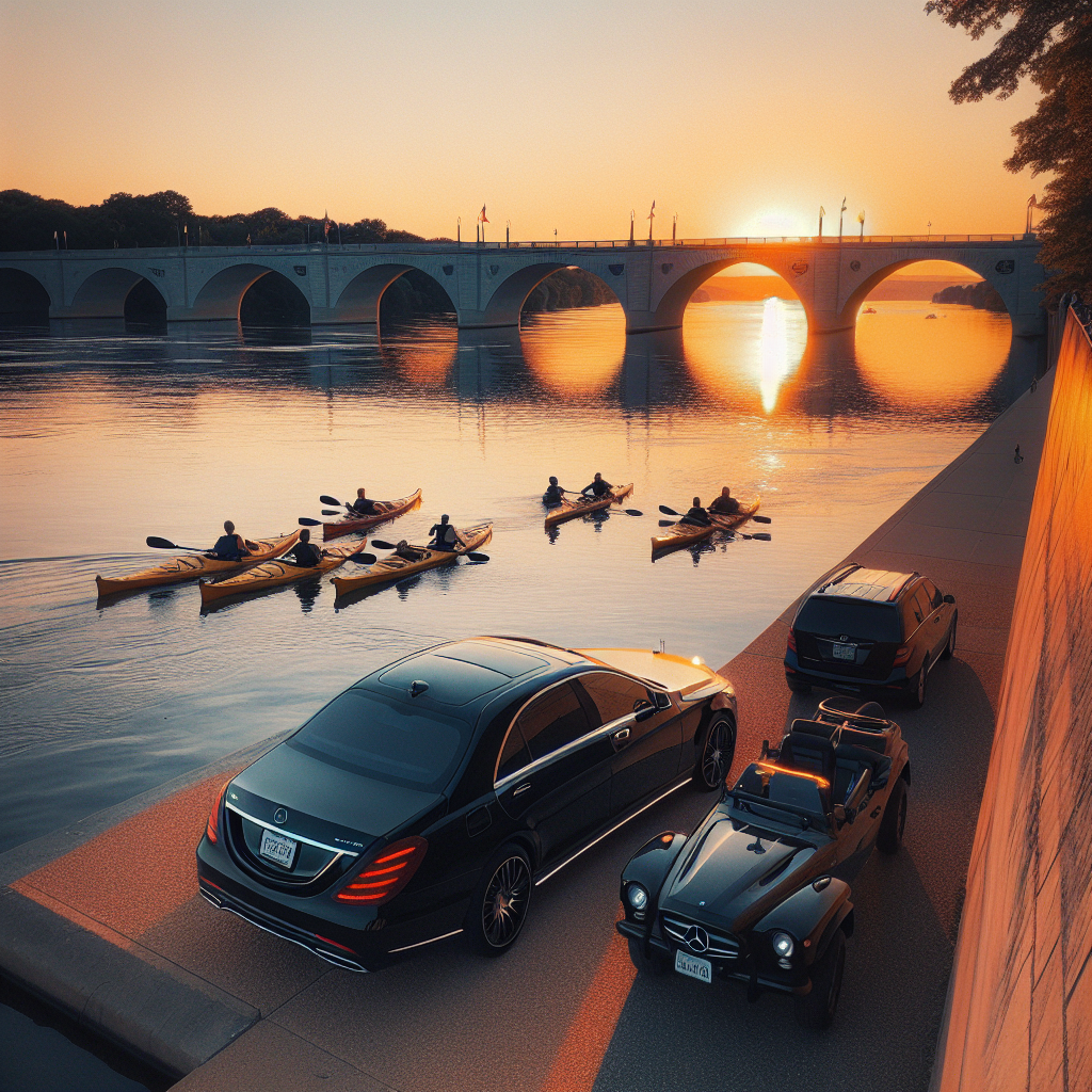 People enjoying kayaking in the Potomac River at sunset