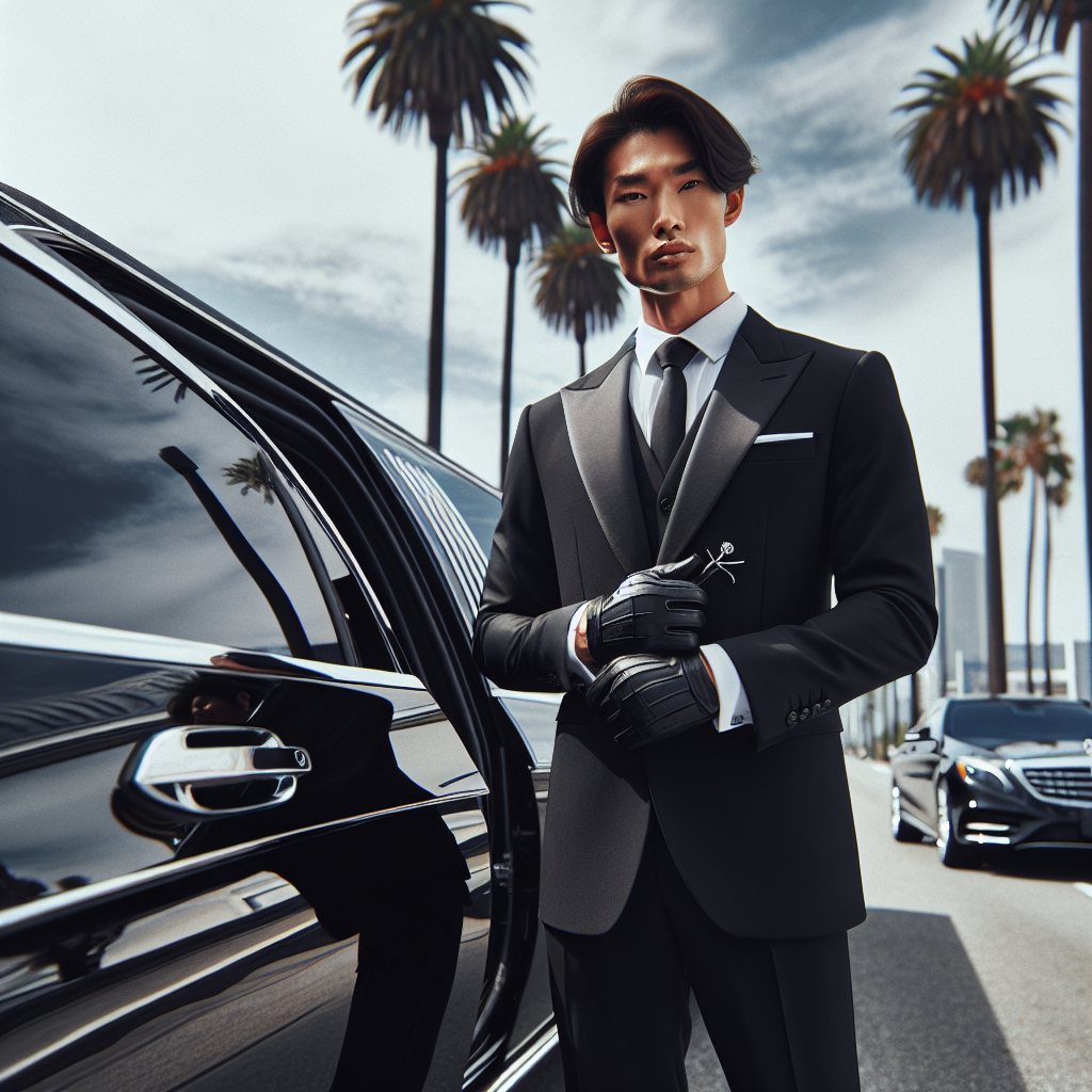 Professional chauffeur opening the door of a luxury limousine